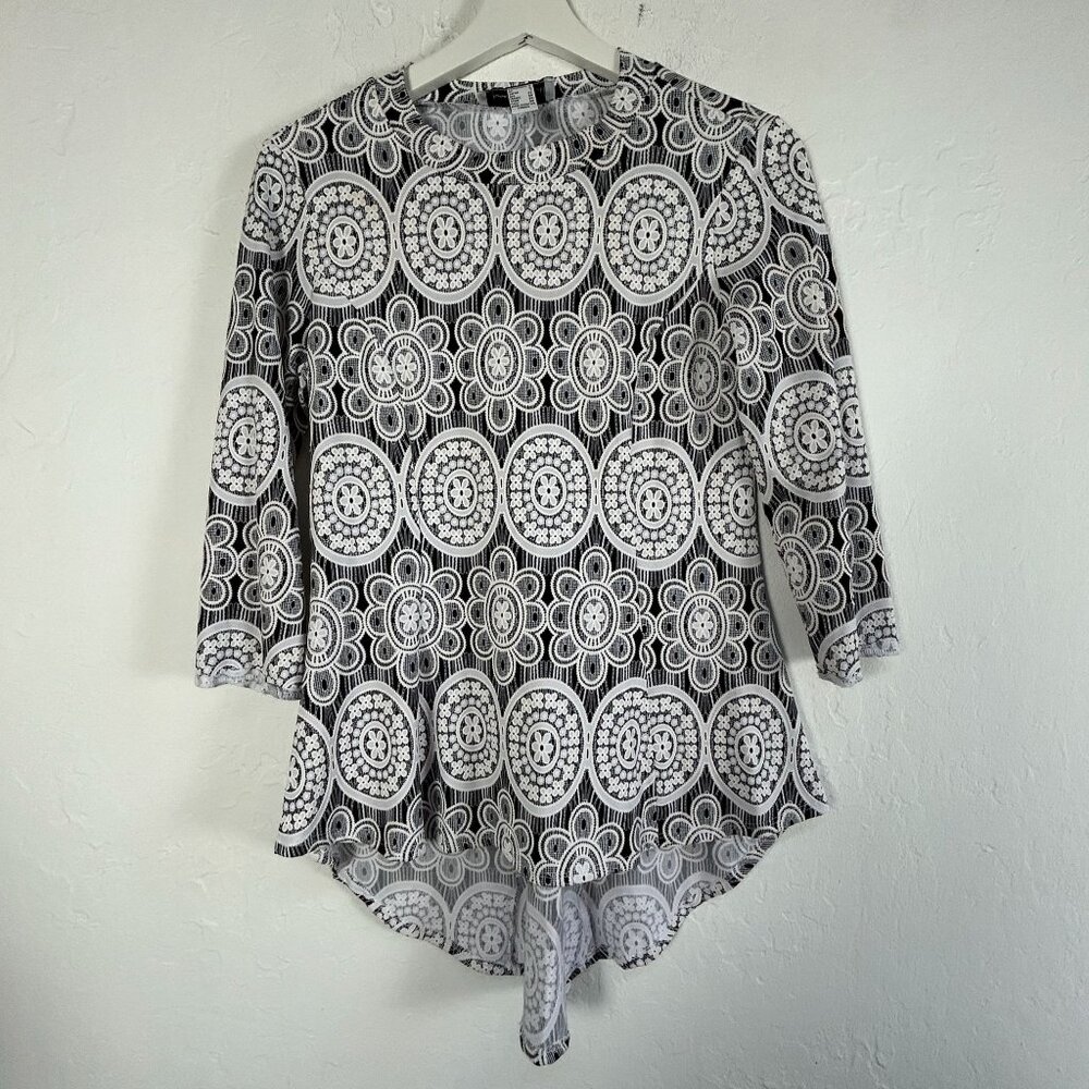 Joseph Ribkoff Womens Black & White Lace Floral Textured Top 3/4 Sleeve Size 4